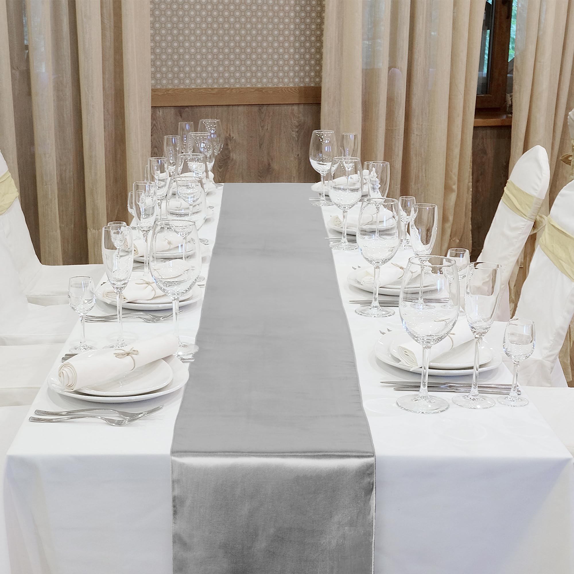 Aneco 16 Pack Satin Table Runner 12 X 108 Inch Silver Long Wedding Satin Silk Table Runner For Wedding Banquet Graduations Birth